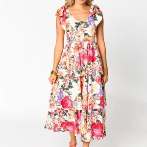 Buddy Love Floral Tiered Maxi Dress in Pink, Red, Purple, Green on Cream